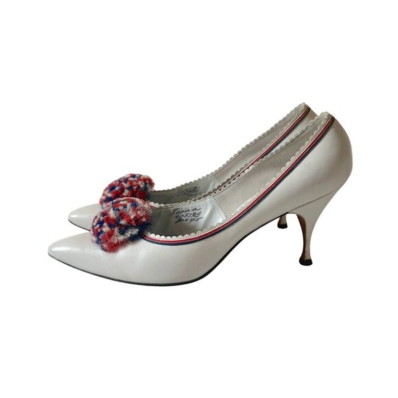 Vintage 50s/60s Julianelli's for Montaldo's  White Leather Pom Pom Heels 8AAA - Picture 5 of 16